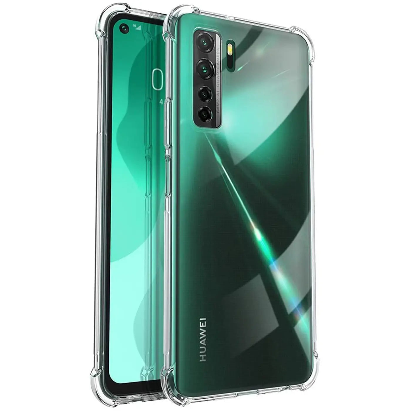 Klarplastikhülle mit verstärkten Ecken um ein Huawei P40 Lite 5G, von vorne/seitlich.