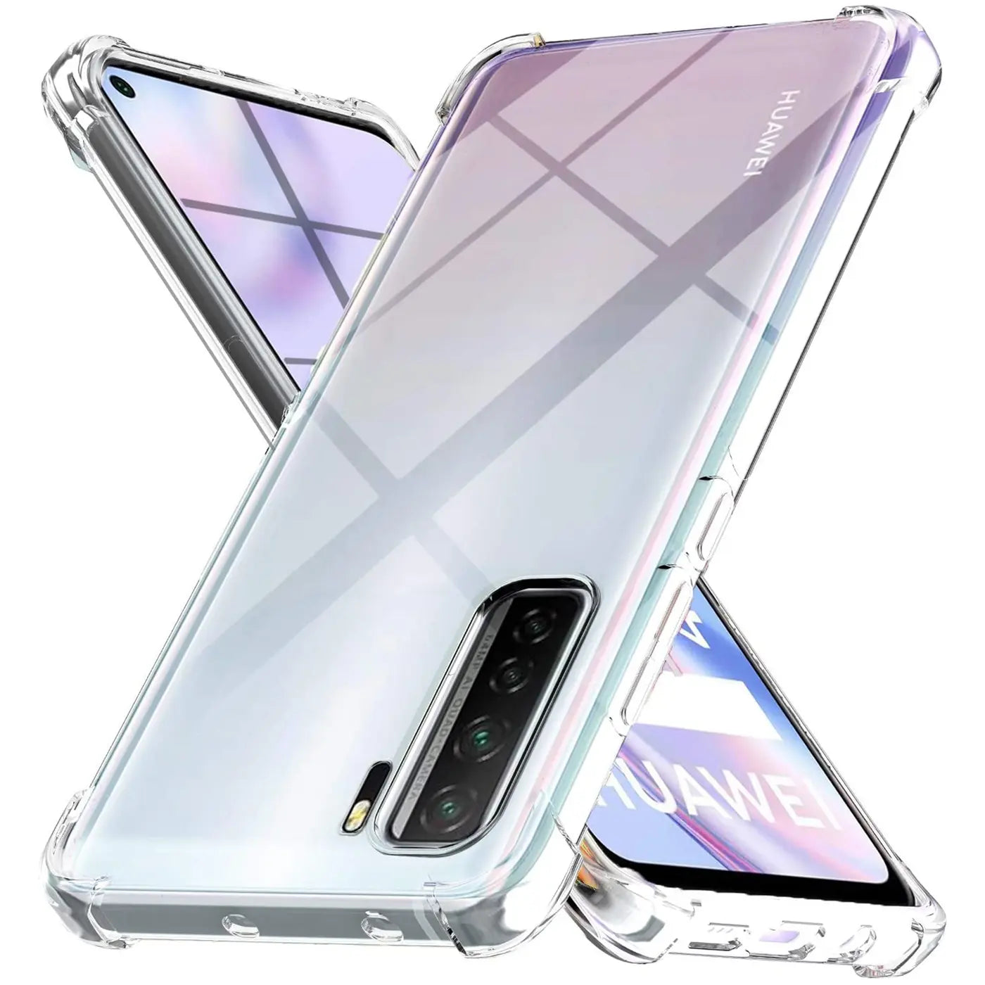 Transparente Hülle aus Kunststoff, schützt Huawei P40 Lite 5G, von schräg oben fotografiert.