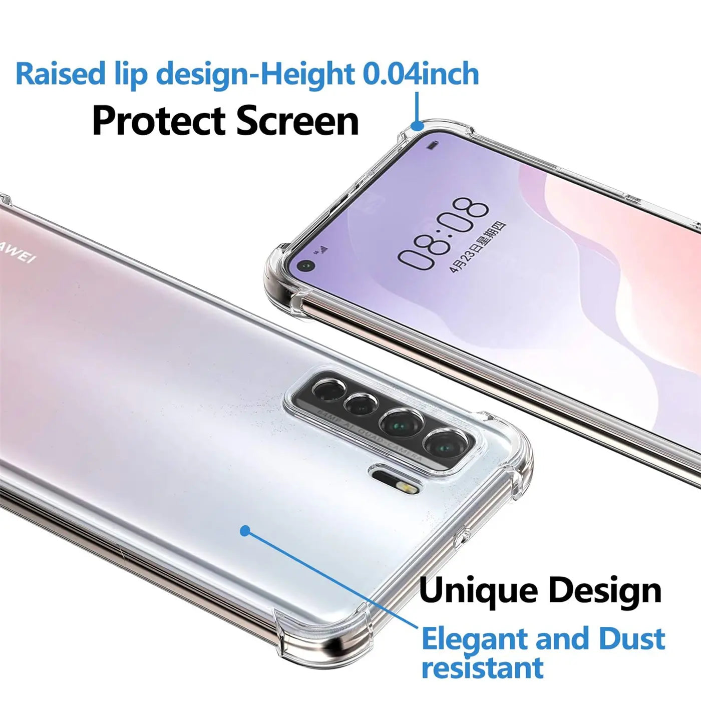 Transparente Hülle aus Kunststoff um ein Huawei P40 Lite 5G, von schräg oben gezeigt.