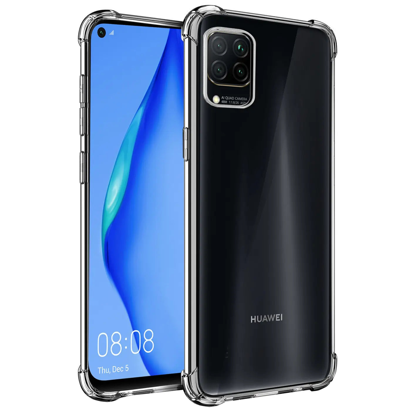 Klar, transparente Hülle aus TPU, von vorne und hinten gezeigt, mit Huawei P40 Lite.