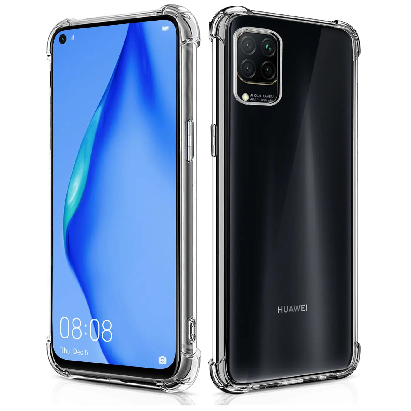 Klar, transparente Hülle aus TPU mit verstärkten Ecken, zeigt Huawei P40 Lite von vorne und hinten.