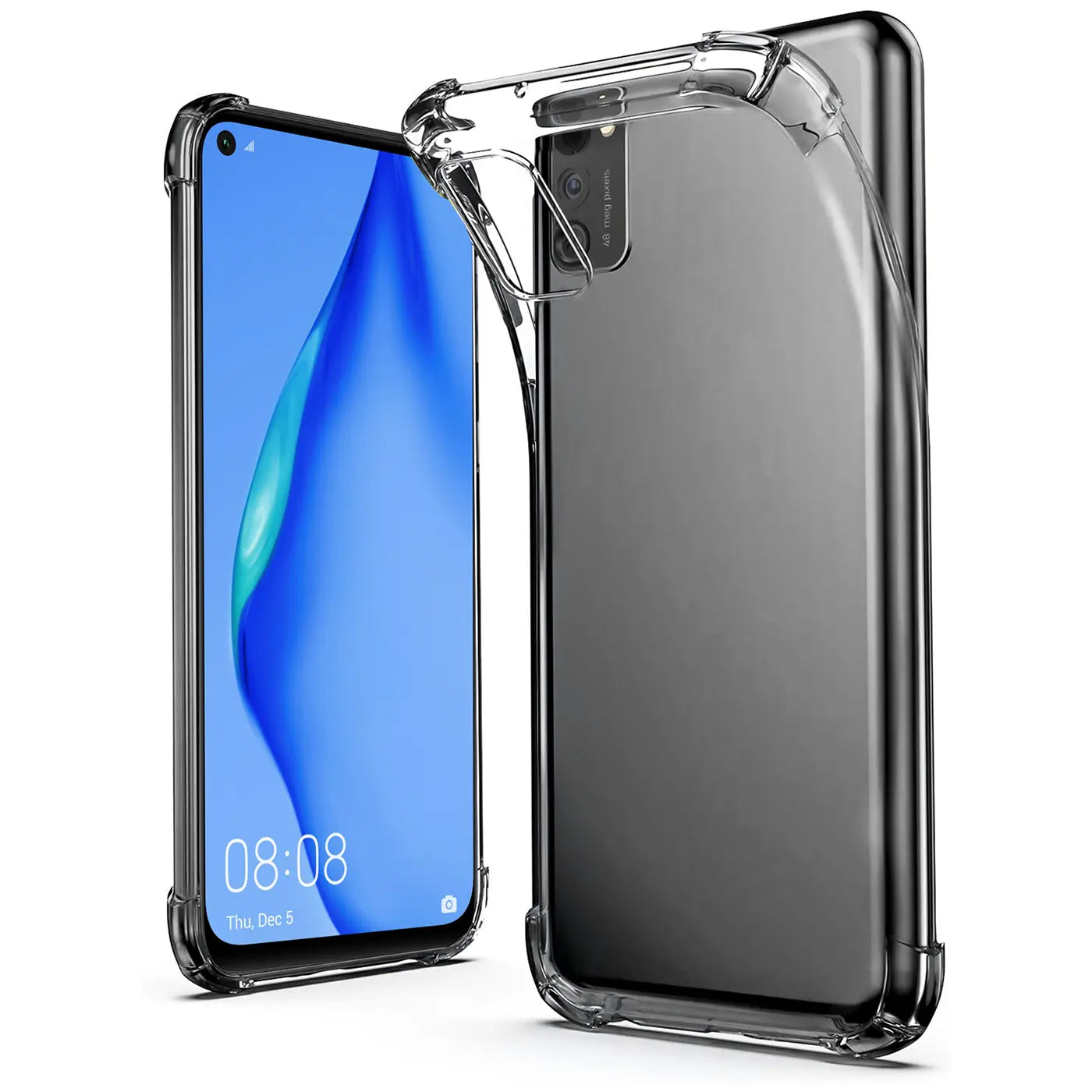 Transparente Silikonhülle mit verstärkten Ecken, zeigt Huawei P40 Lite von vorne und hinten.