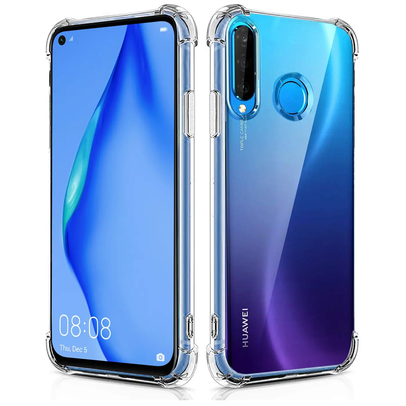 Huawei P40 Lite E in klarer Hülle, Vorder- und Rückansicht, TPU-Material.