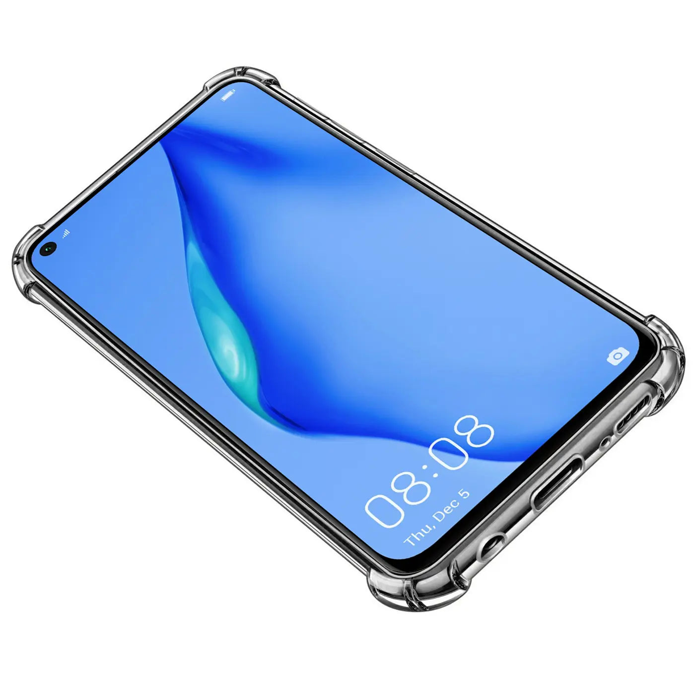 Klar, stoßfeste Hülle aus TPU, schützt Huawei P40 Lite E, von oben links schräg