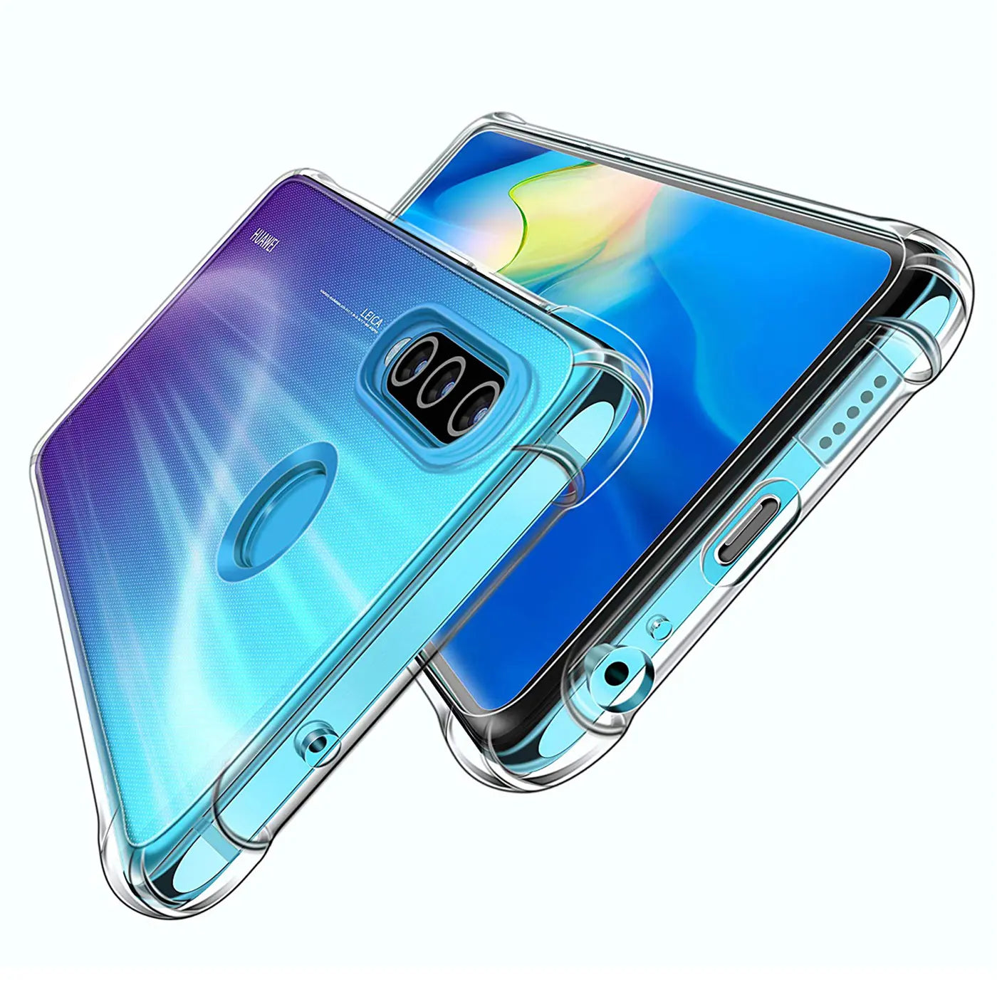 Transparente Hülle aus Kunststoff, von schräg oben, zeigt Huawei P40 Lite E.