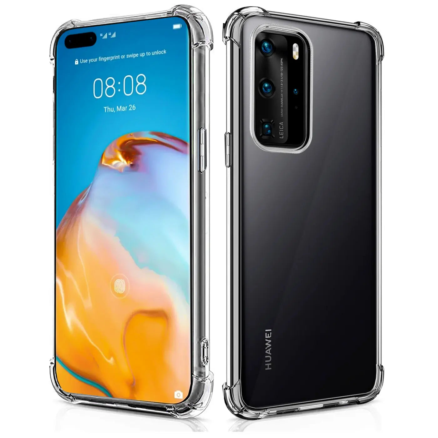 Klar, transparente Hülle aus TPU für Huawei P40 Pro, Vorder- und Rückansicht.