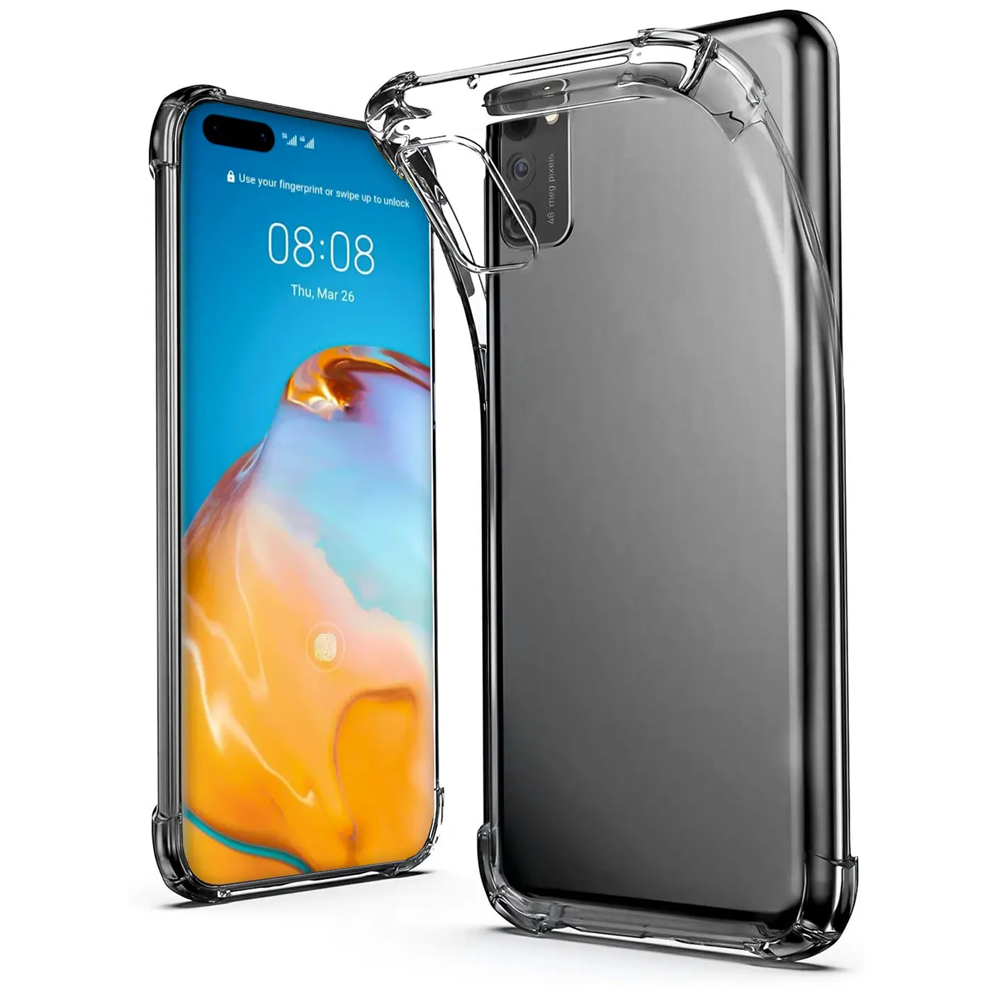 Transparente Silikonhülle mit verstärkten Ecken, zeigt Huawei P40 Pro von vorne und hinten.