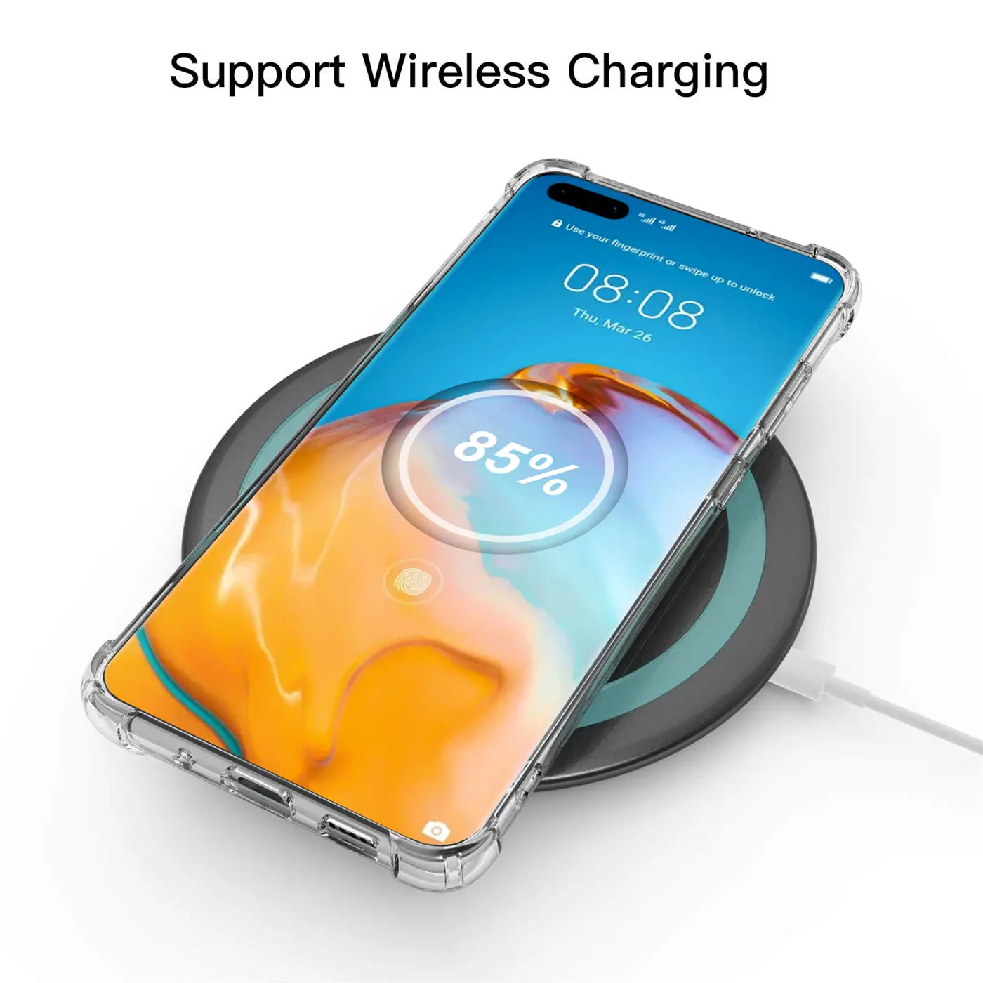 Klar transparente Hülle aus Kunststoff auf Huawei P40 Pro, wird kabellos geladen.