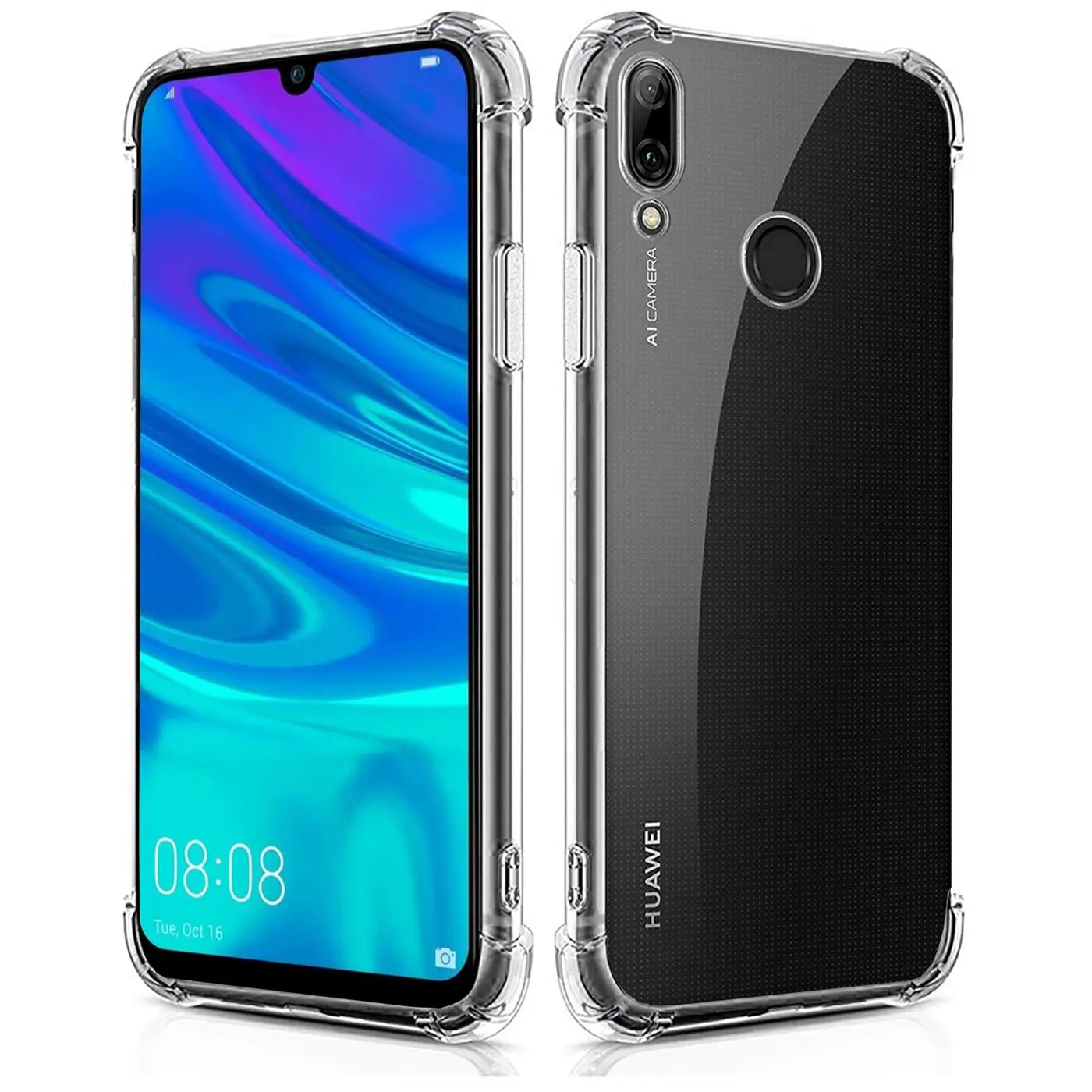 Huawei P Smart 2019 in klarer Hülle, Vorder- und Rückansicht, transparentes TPU