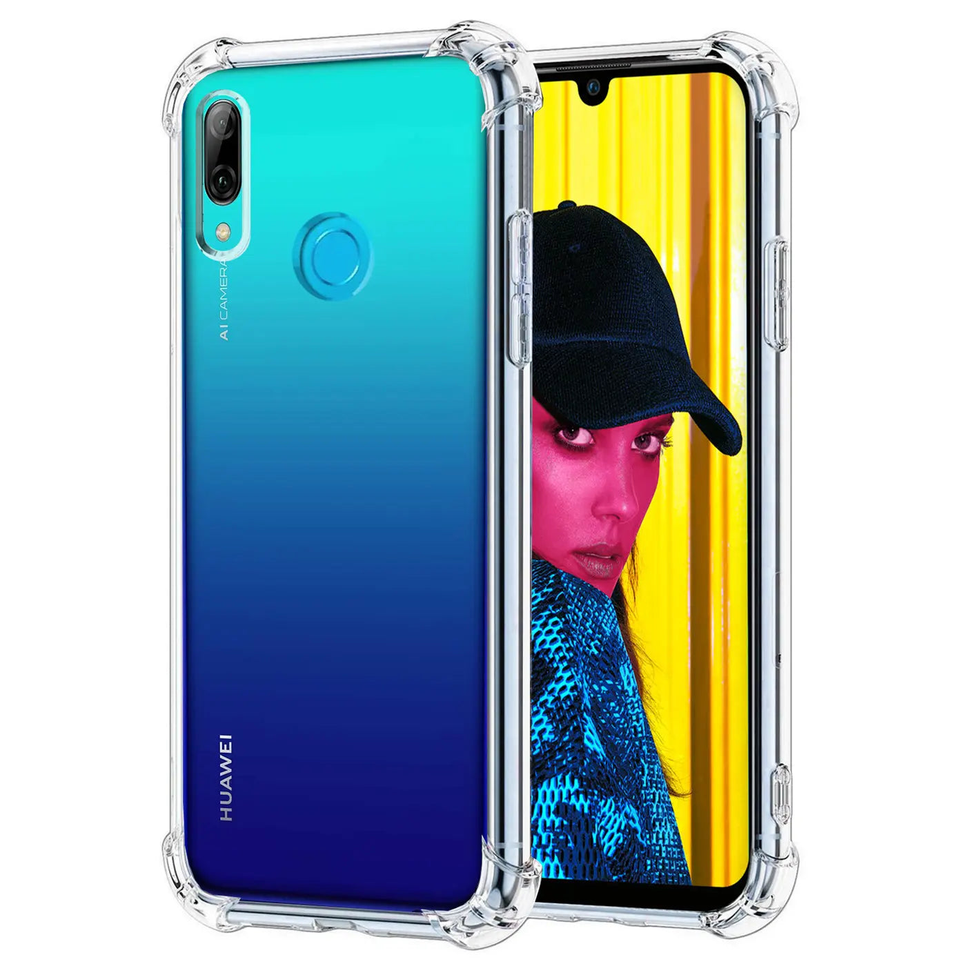 Transparente Hülle mit blauer Farbverlauf auf Huawei P Smart 2019, von vorne/seitlich