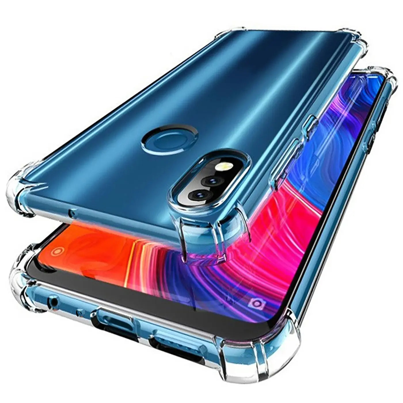 Transparente Hülle aus Kunststoff, schützt ein blaues Smartphone mit doppelter Kamera.
