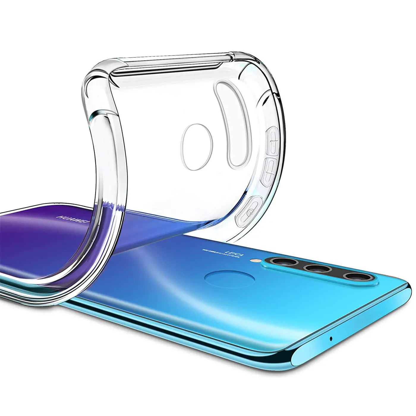 Klare Silikonhülle auf blauem Huawei P Smart 2019, Seitenansicht.