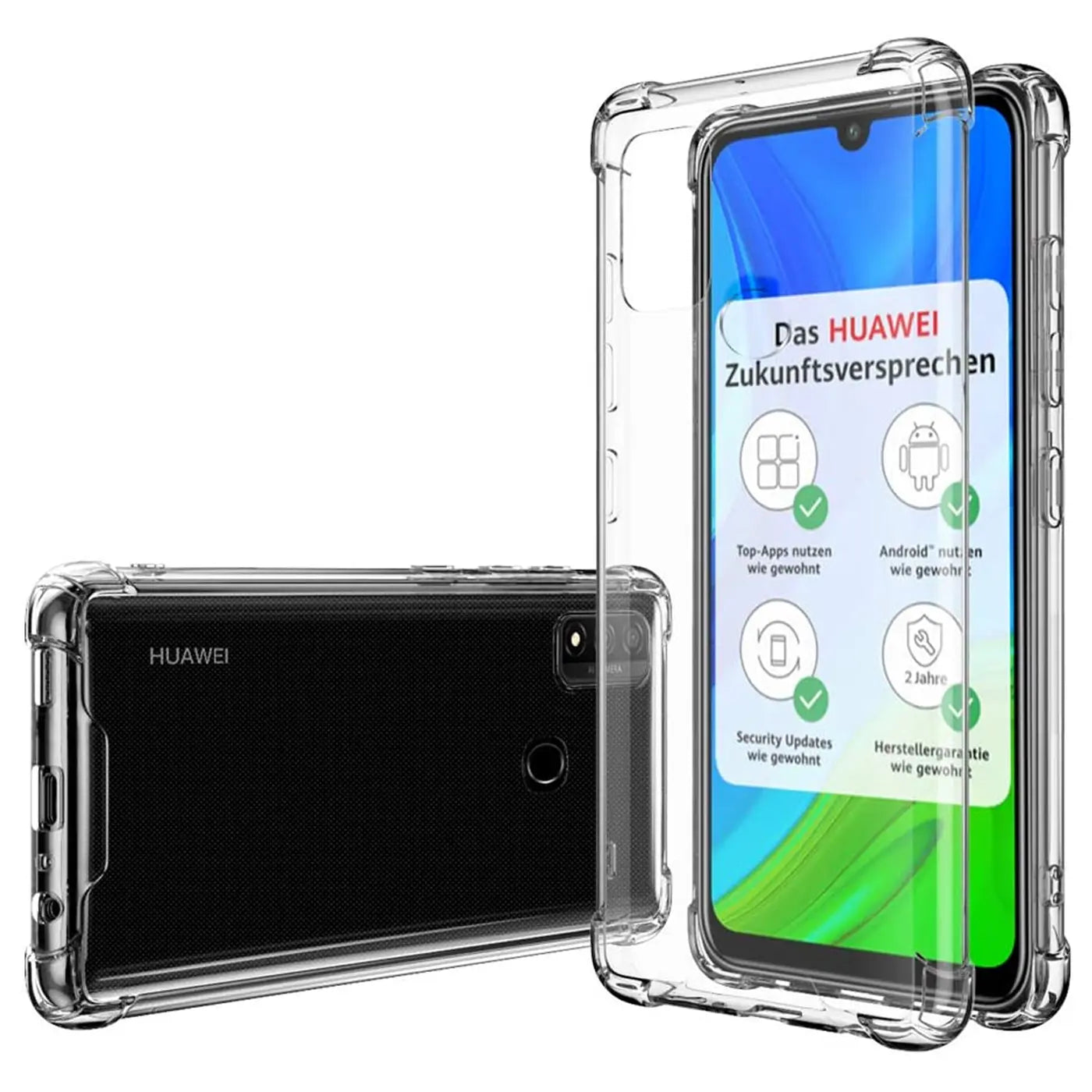 Transparente Hülle aus Kunststoff für Huawei P Smart 2020, von vorne und hinten gezeigt.