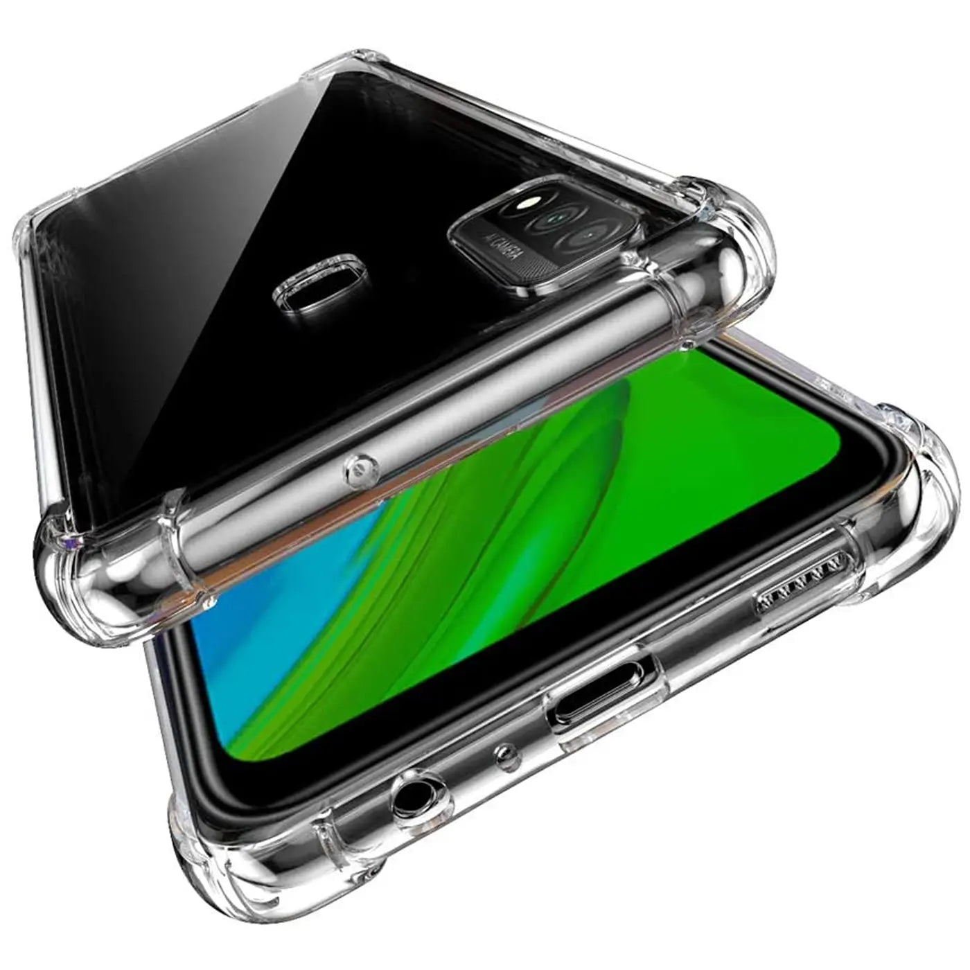 Transparente, stoßfeste Hülle aus TPU für Huawei P Smart 2020, von schräg oben gezeigt.