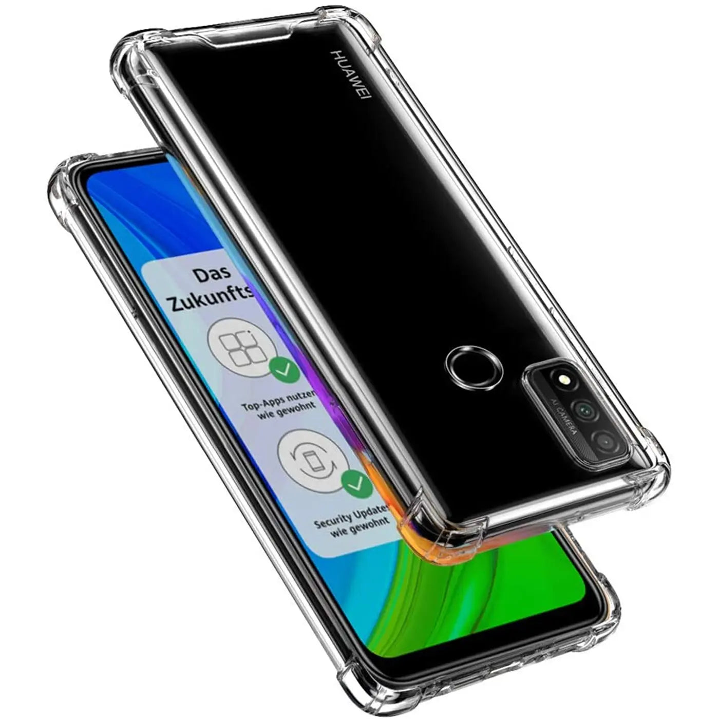 Transparente Hülle aus Kunststoff, schützt Huawei P Smart 2020. Von schräg oben fotografiert.