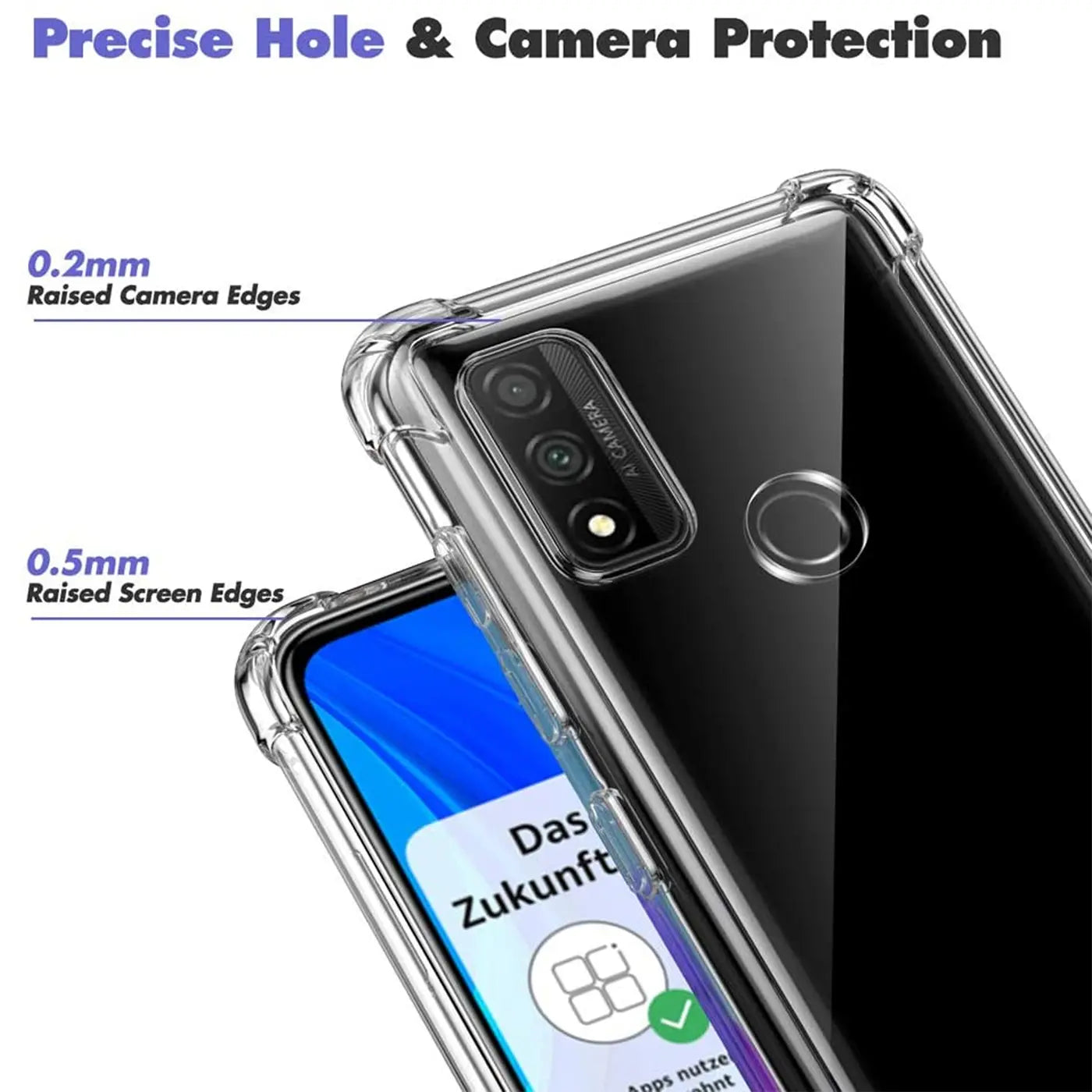 Transparente Hülle aus Kunststoff, Nahaufnahme, zeigt Huawei P Smart 2020 mit Kamera und Bildschirm.