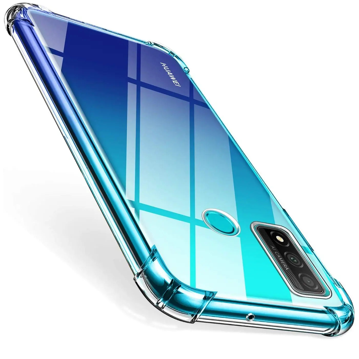 Transparente Hülle mit Farbverlauf (blau/türkis) aus Kunststoff für Huawei P Smart 2020, von schräg oben