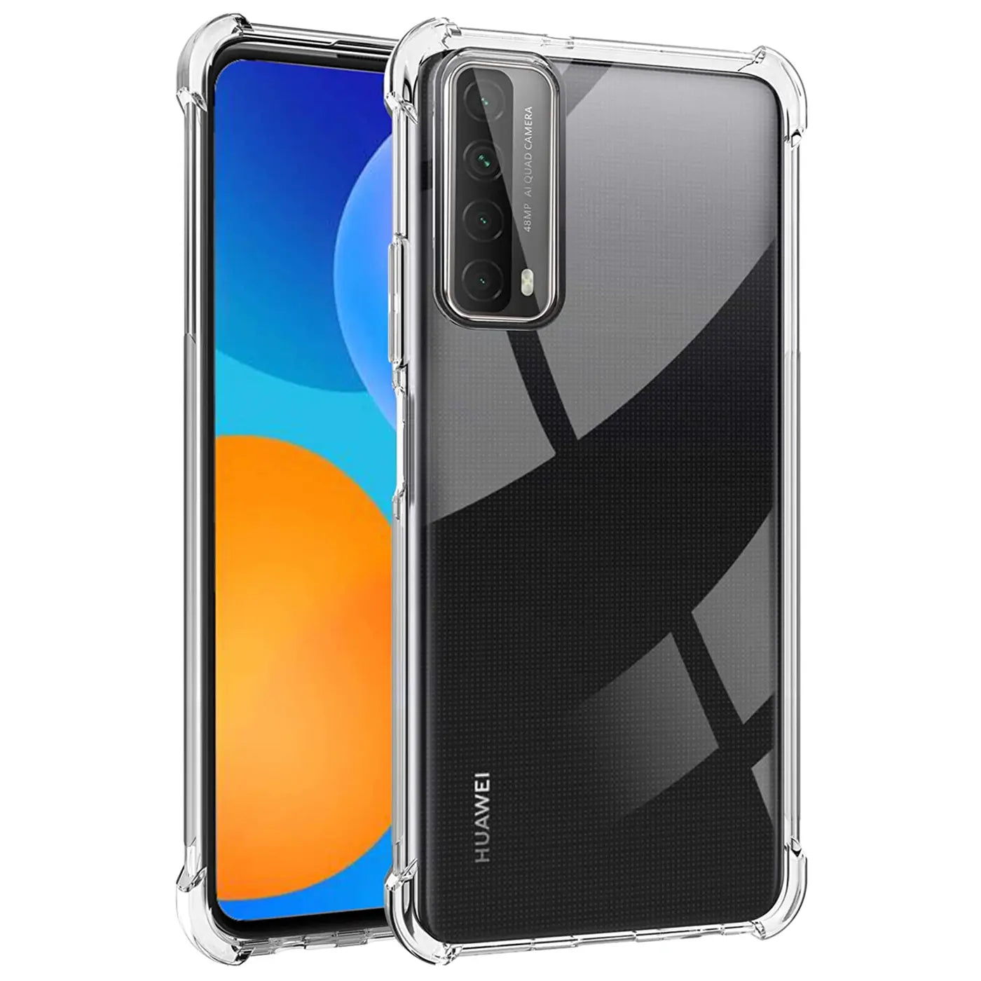Klar, stoßfeste Hülle aus transparentem Material, zeigt Huawei P Smart 2021 von hinten und Seite.