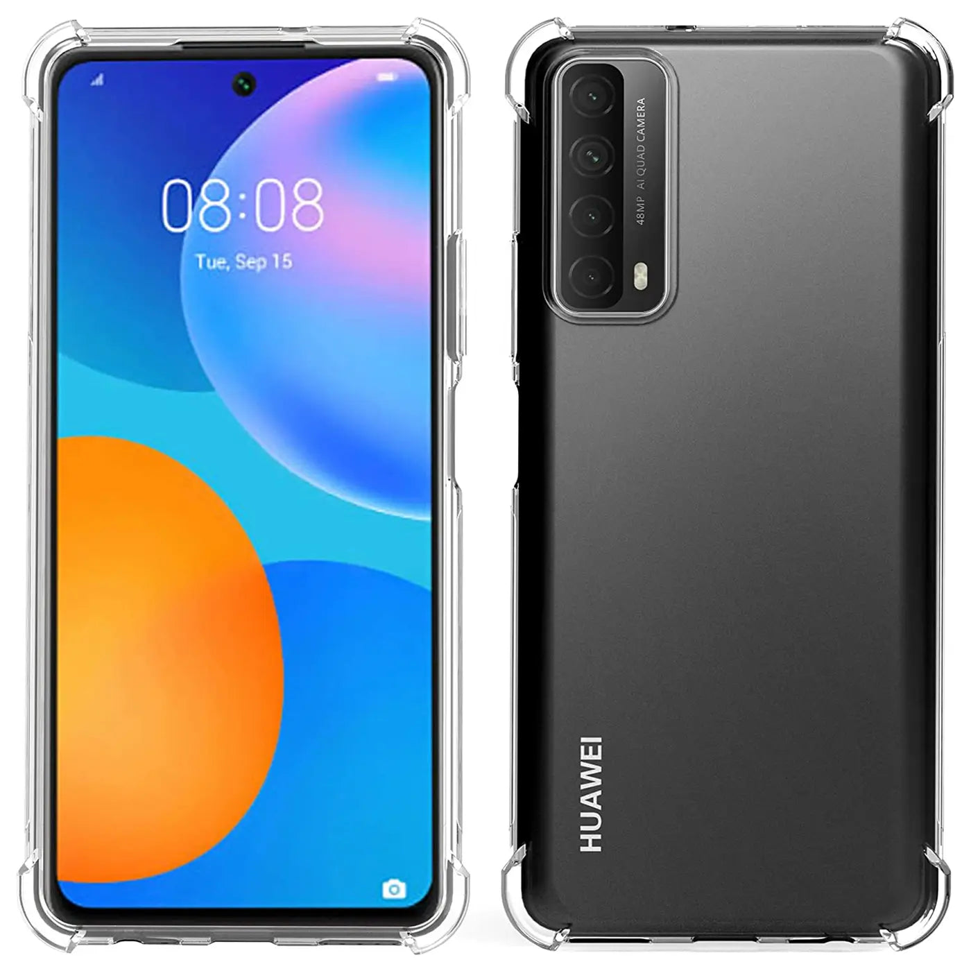 Transparente Hülle mit verstärkten Ecken für Huawei P Smart 2021, Vorder- und Rückansicht.