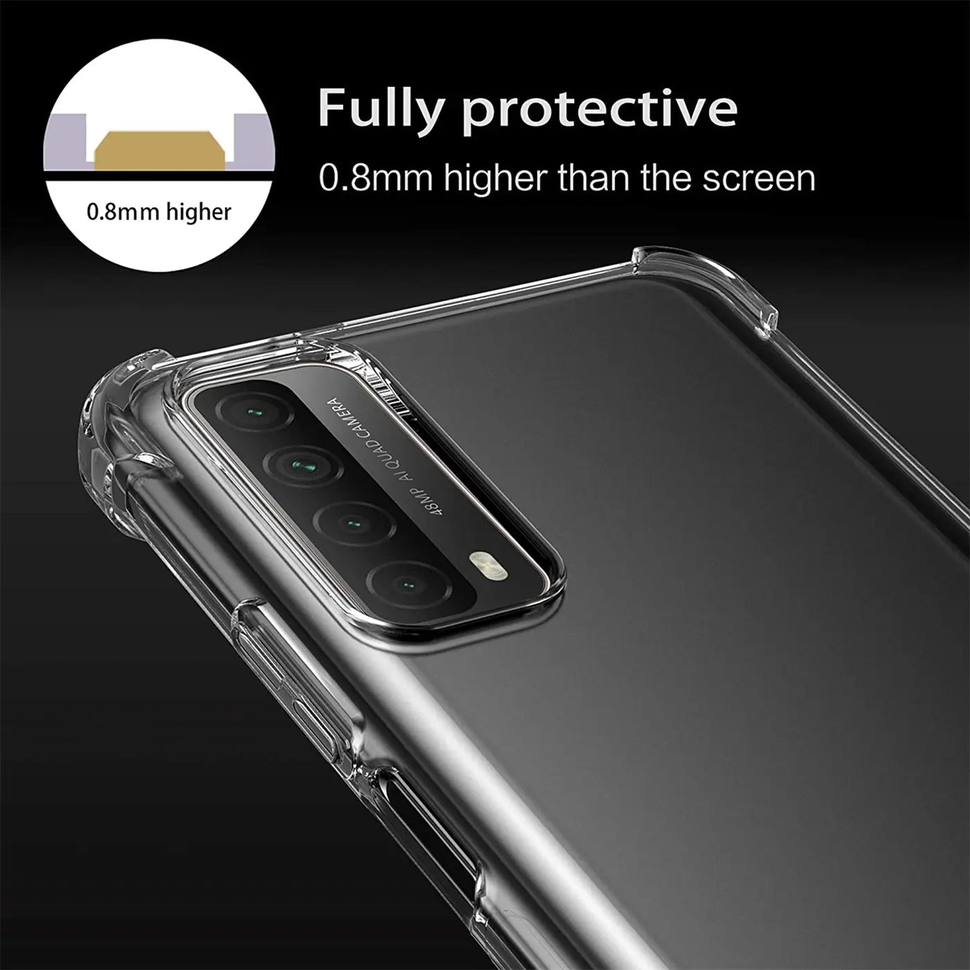 Transparente Hülle aus Kunststoff, Nahaufnahme der Rückseite eines Huawei P Smart 2021 mit Kamera.