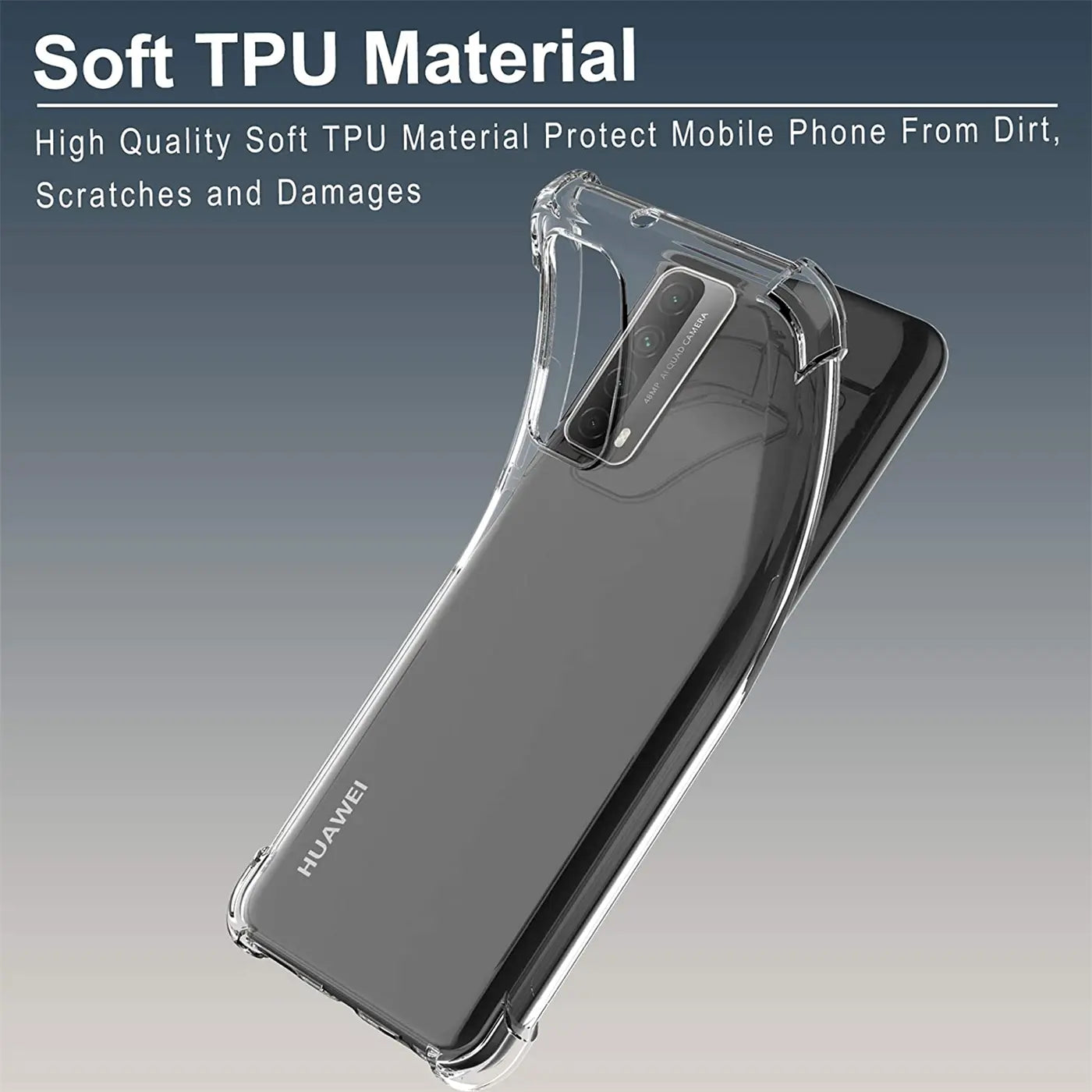 Transparente TPU-Hülle um ein Huawei P Smart 2021, von schräg oben gesehen.
