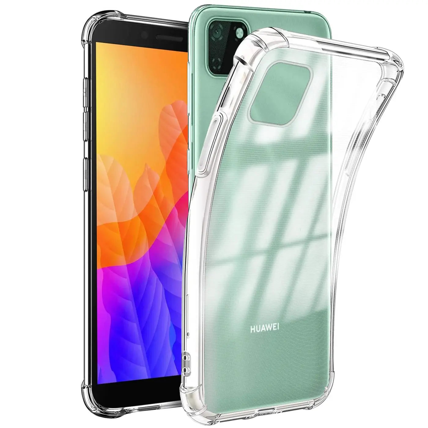 Transparente TPU-Hülle neben Huawei Y5P, Seitenansicht.