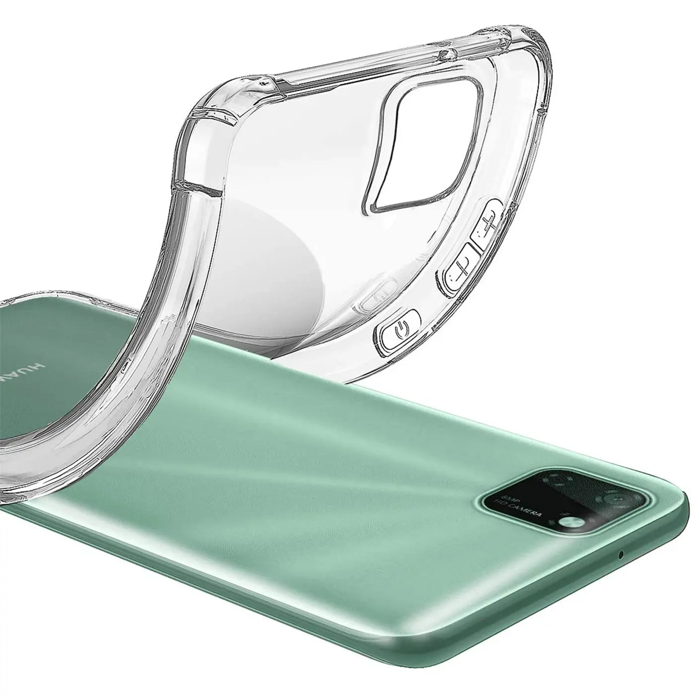 Transparente Hülle aus Kunststoff auf einem grünen Huawei Y5P, Seitenansicht.