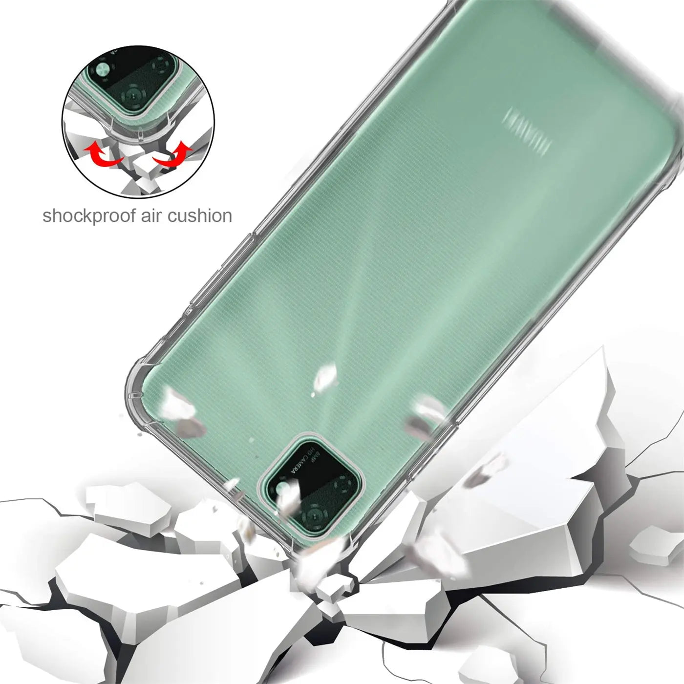 Transparente Hülle mit grüner Rückseite, Nahaufnahme, Huawei Y5P, stoßfest