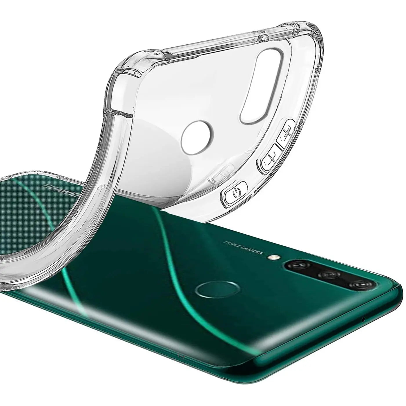 Transparente Silikonhülle auf einem grünen Huawei Y6P, Seitenansicht.