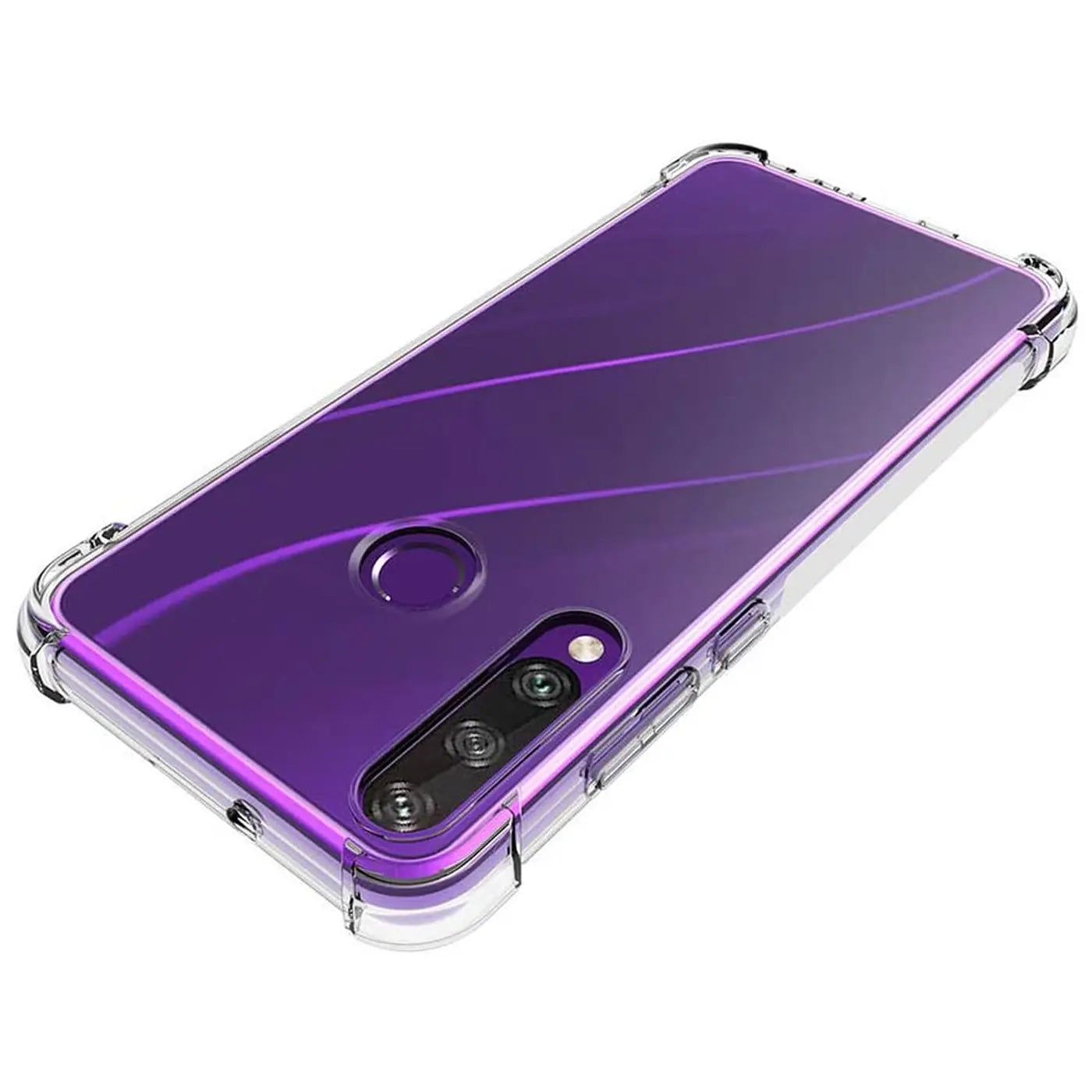 Transparente Hülle mit lila Akzenten, stoßfest, für Huawei Y6P, von schräg oben.