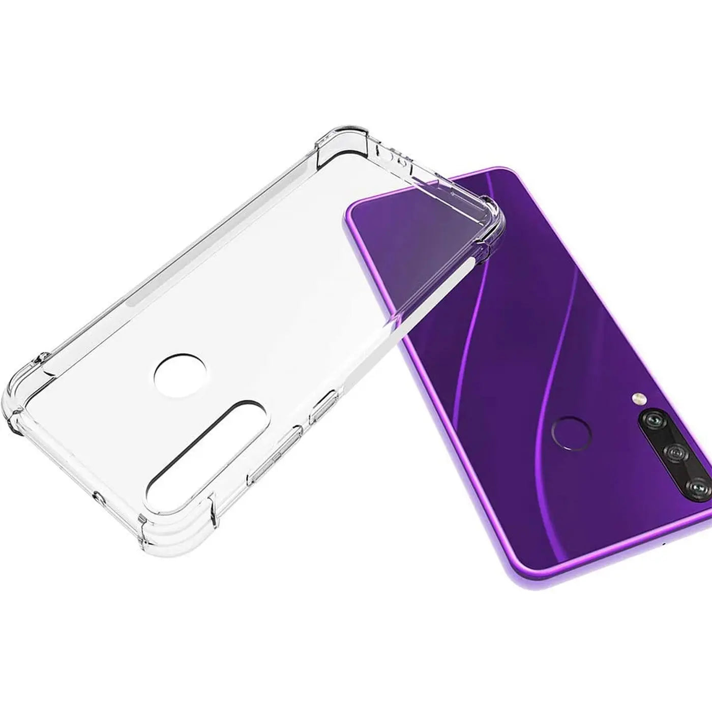 Transparente Hülle aus Silikon liegt neben einem violetten Huawei Y6P.
