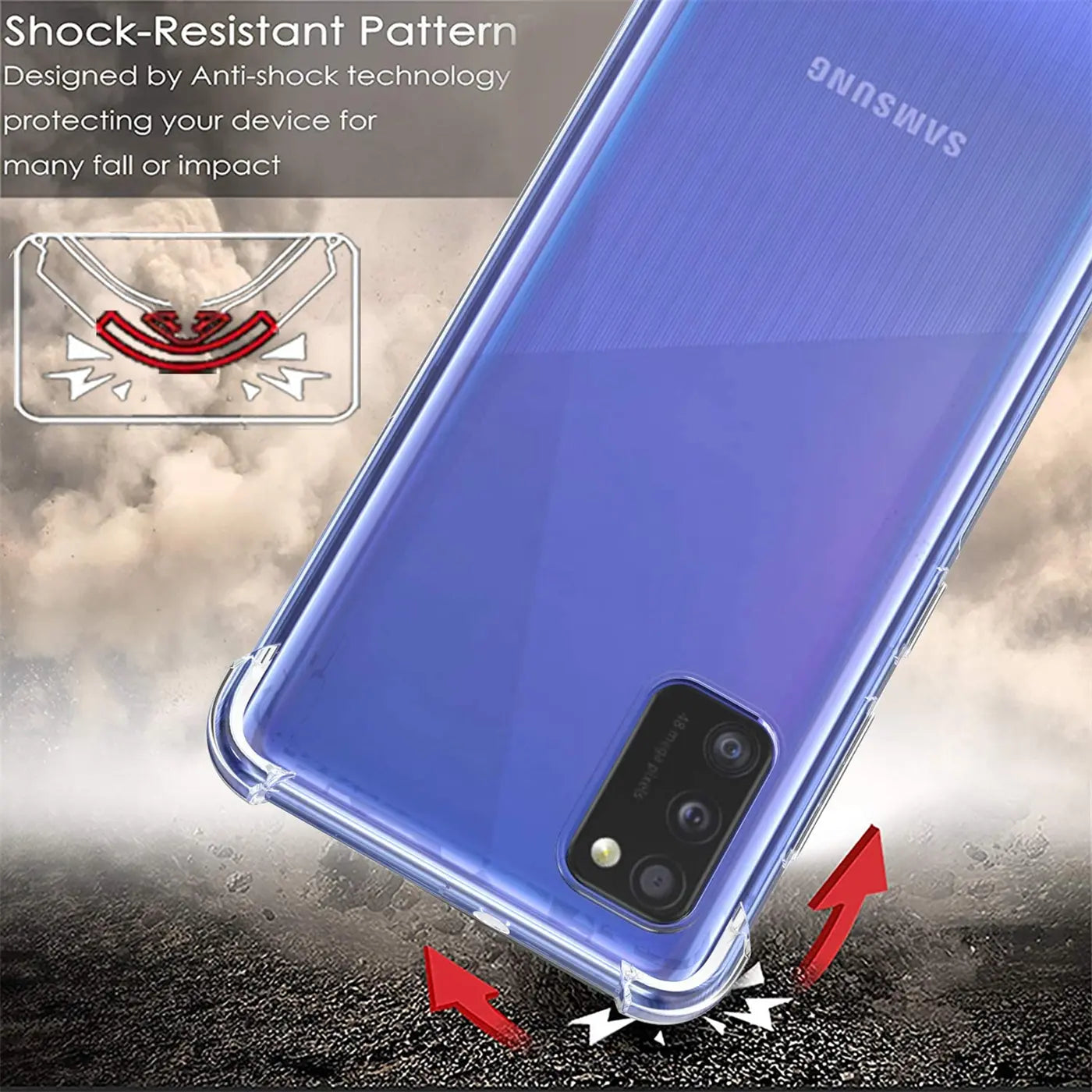 Transparente Hülle aus Kunststoff, Nahaufnahme von unten, zeigt Samsung Galaxy A02S.