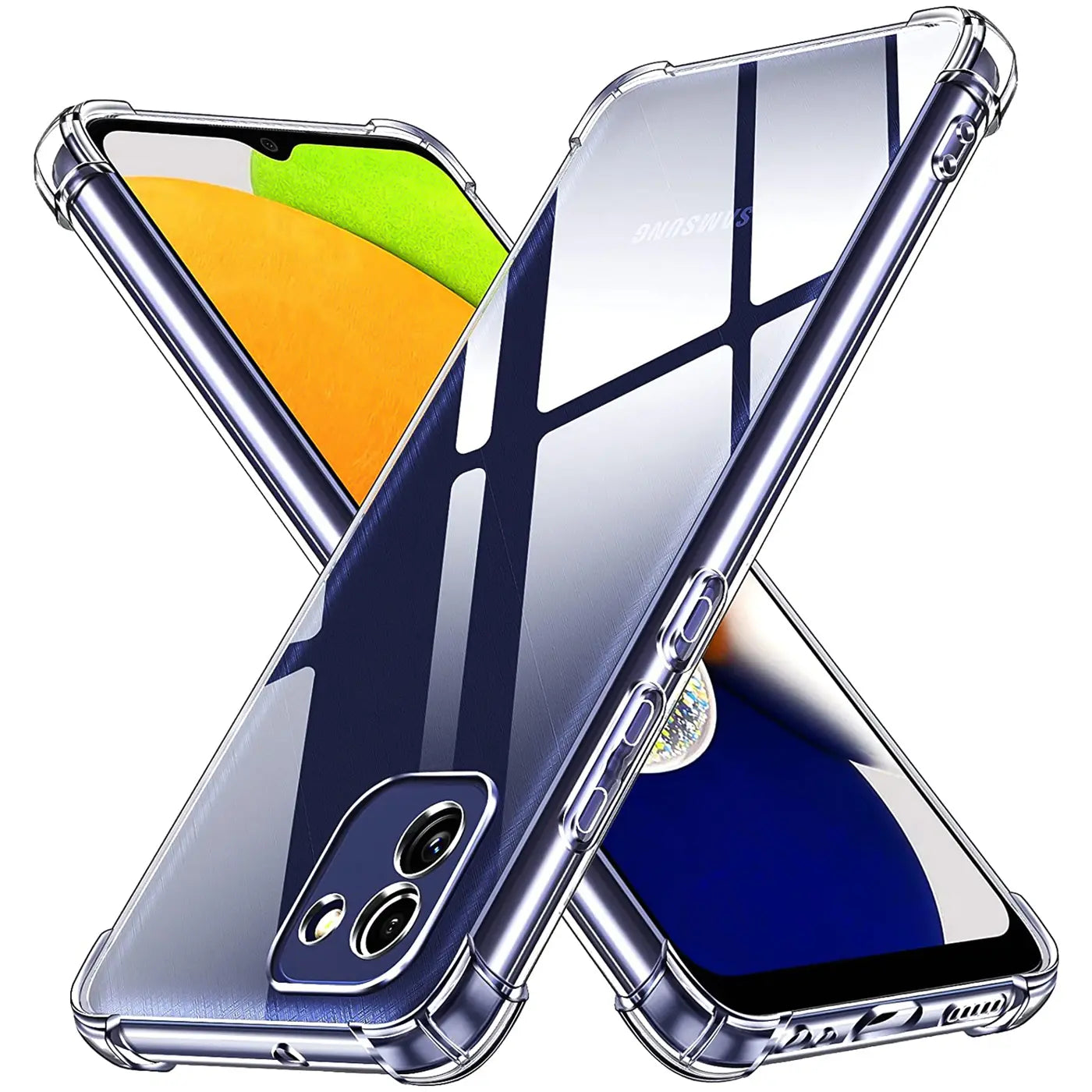 Zwei transparente Hüllen aus Kunststoff, die ein Samsung Galaxy A03 zeigen, von vorne und hinten.