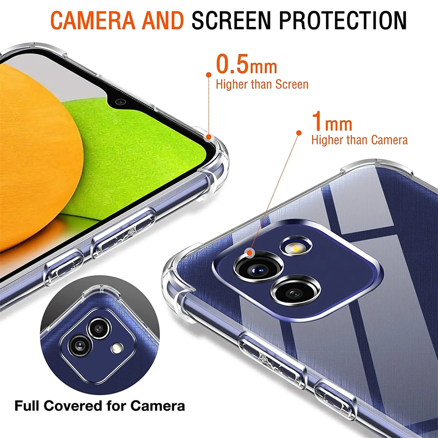 Transparente Hülle, Silikon, Nahaufnahme, Samsung Galaxy A03 mit Kamera- und Bildschirmschutz