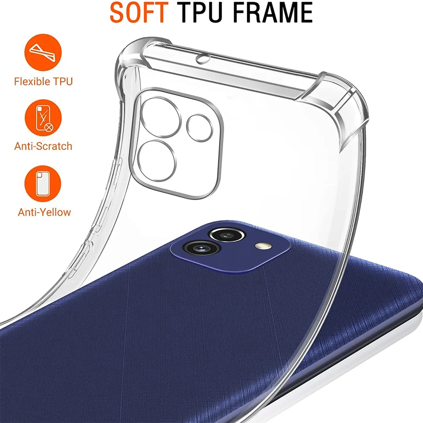 Klare TPU-Hülle über Samsung Galaxy A03, Nahaufnahme, von oben