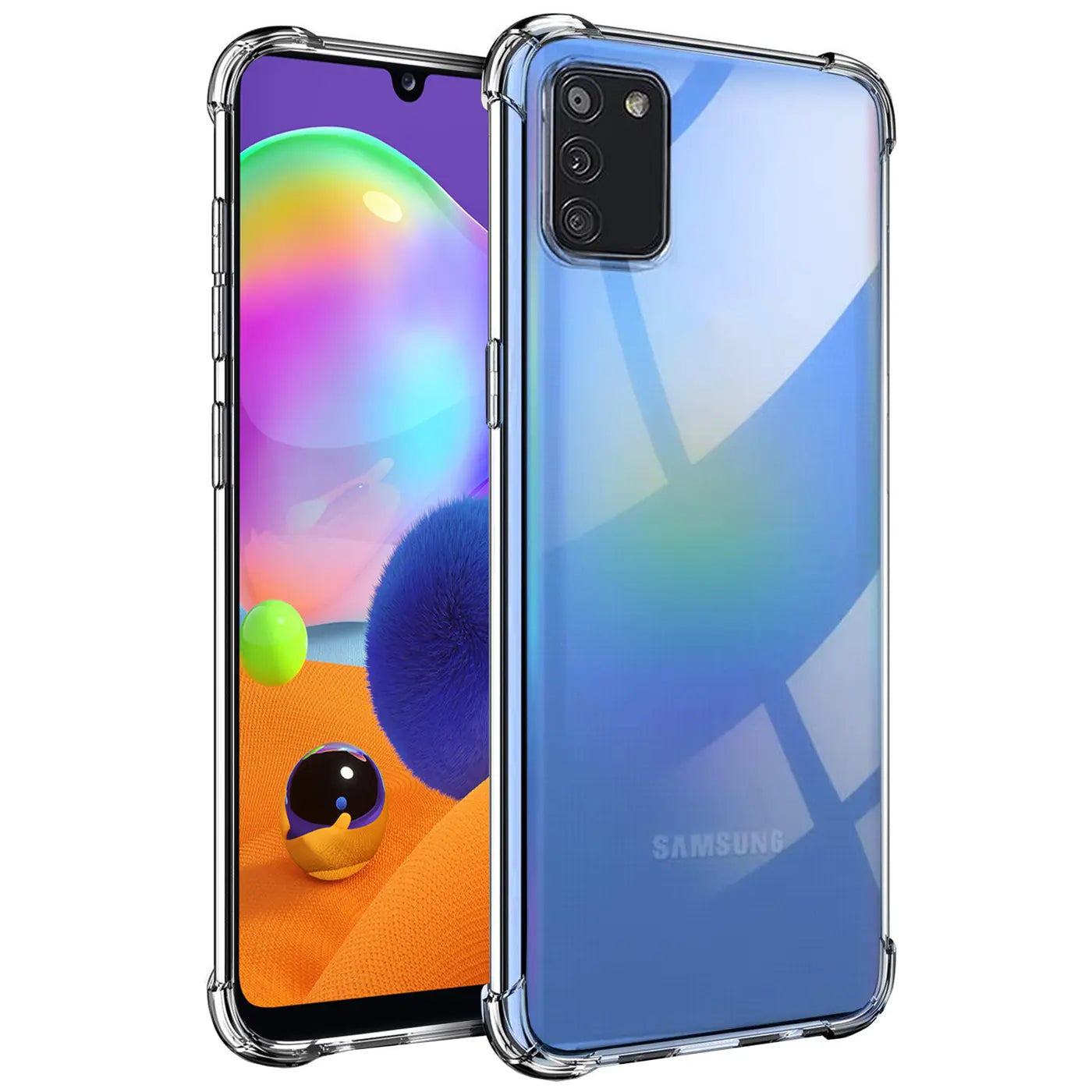 Samsung Galaxy A03s in klarer Hülle, von vorne/seitlich, transparentes TPU.