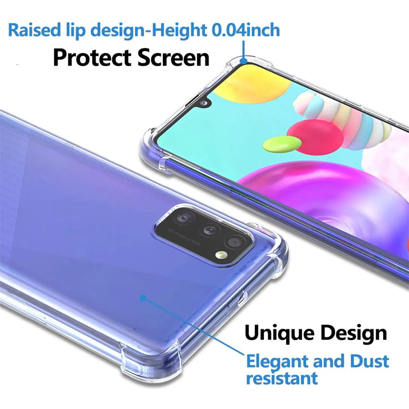 Samsung Galaxy A03s in klarer Hülle, von schräg oben, transparentes TPU