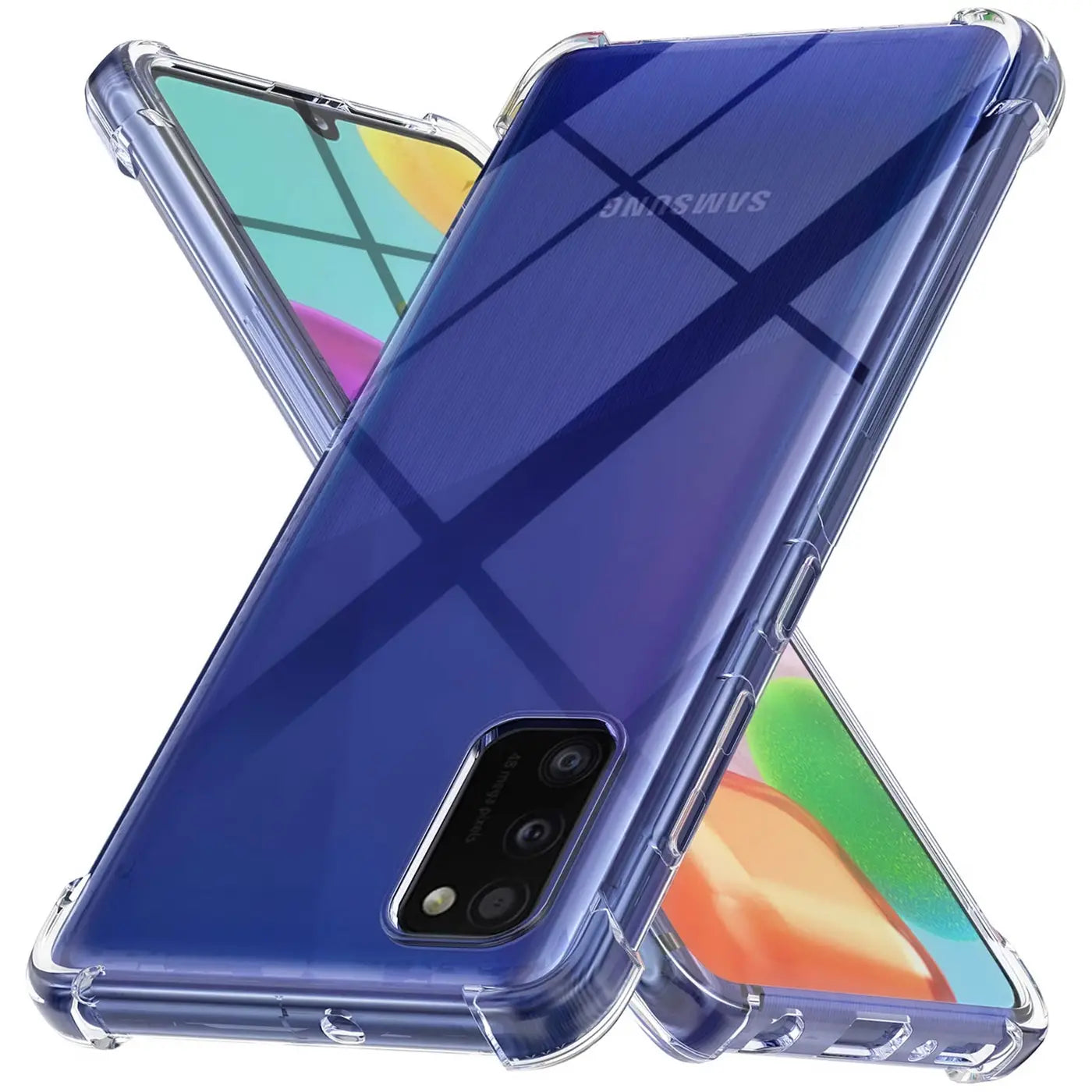 Transparente Hülle aus Kunststoff, schräg von hinten gezeigt, mit Samsung Galaxy A03s.