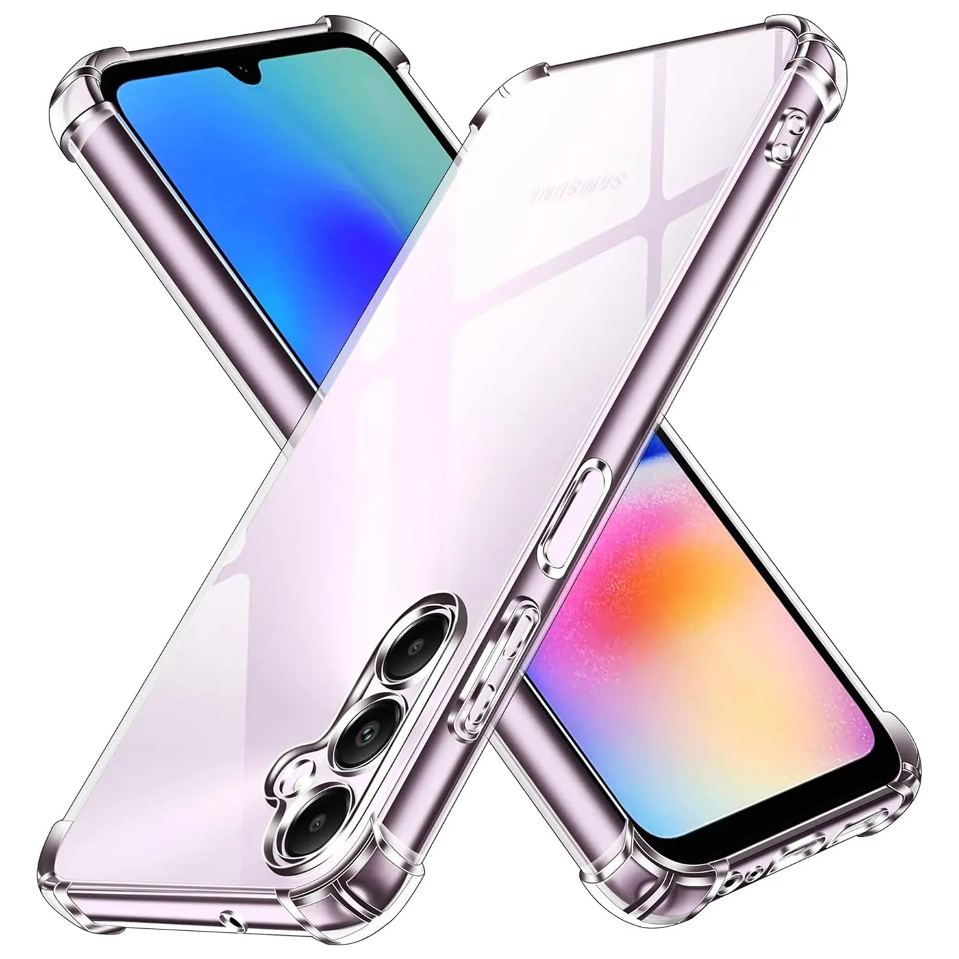 Zwei durchsichtige Hüllen aus Kunststoff, diagonal übereinanderliegend, mit Samsung Galaxy A05s.