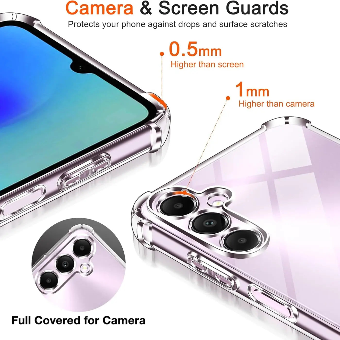 Transparente Hülle aus Kunststoff für Samsung Galaxy A05s, Nahaufnahme der Kamera und des Bildschirms.