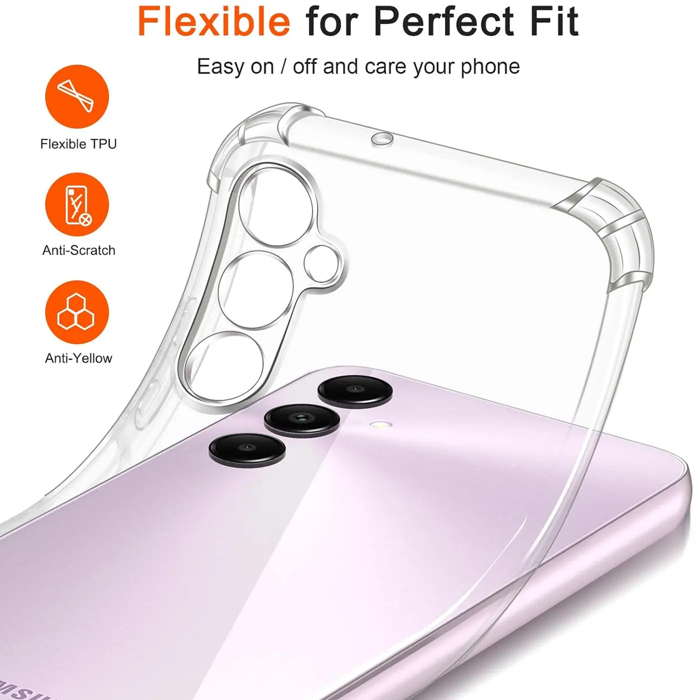 Transparente TPU-Hülle auf Samsung Galaxy A05s, Nahaufnahme von hinten.