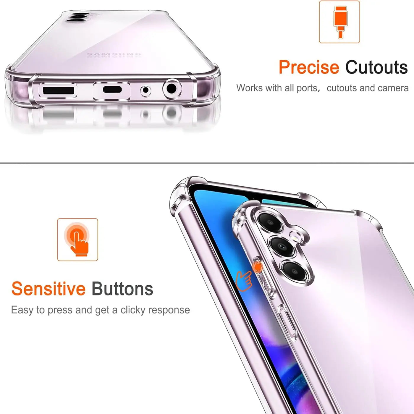 Transparente Hülle aus Kunststoff, zeigt Unterseite und Rückseite eines Samsung Galaxy A05s.