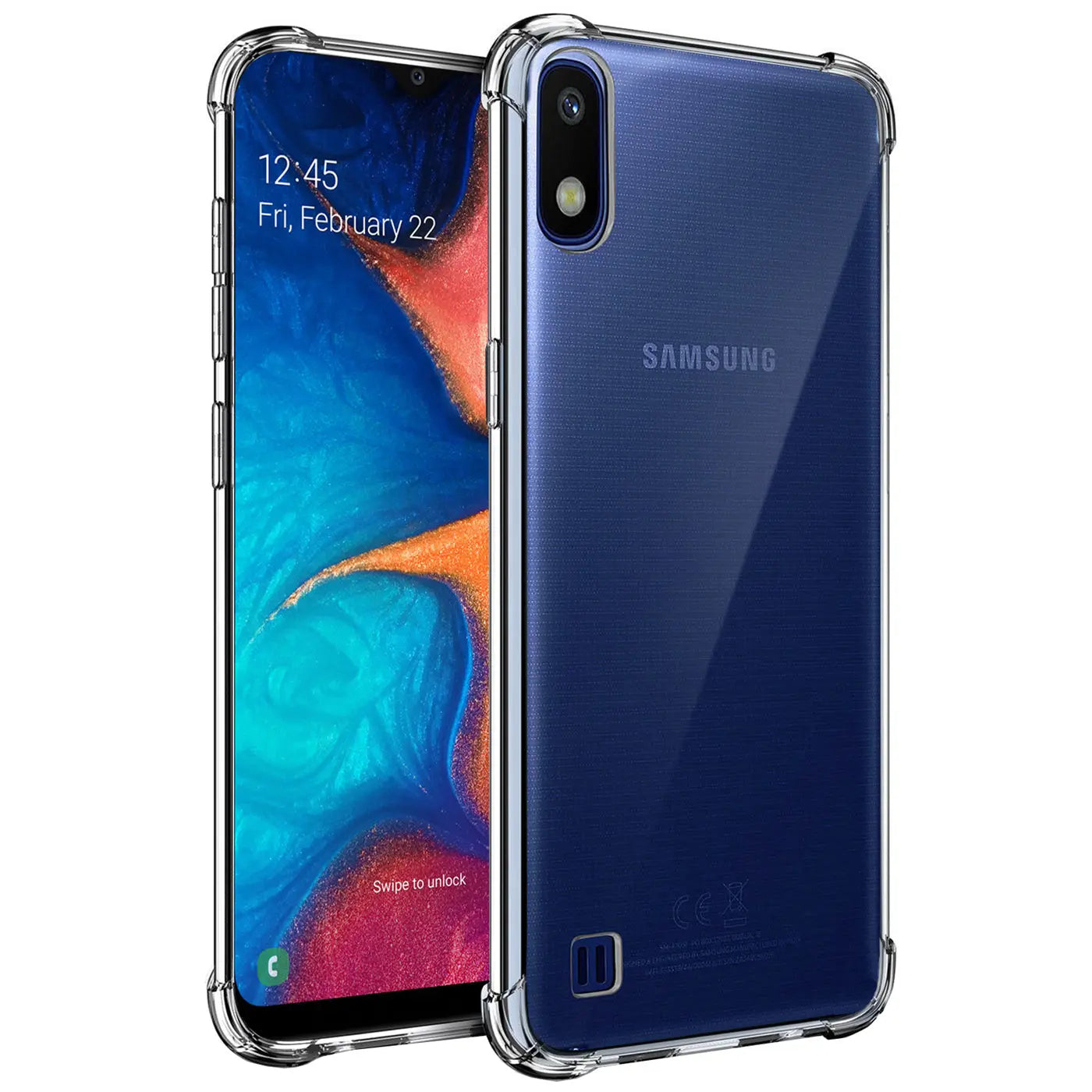 Samsung Galaxy A10 in klarer Hülle, von vorne und hinten gezeigt, aus Kunststoff.
