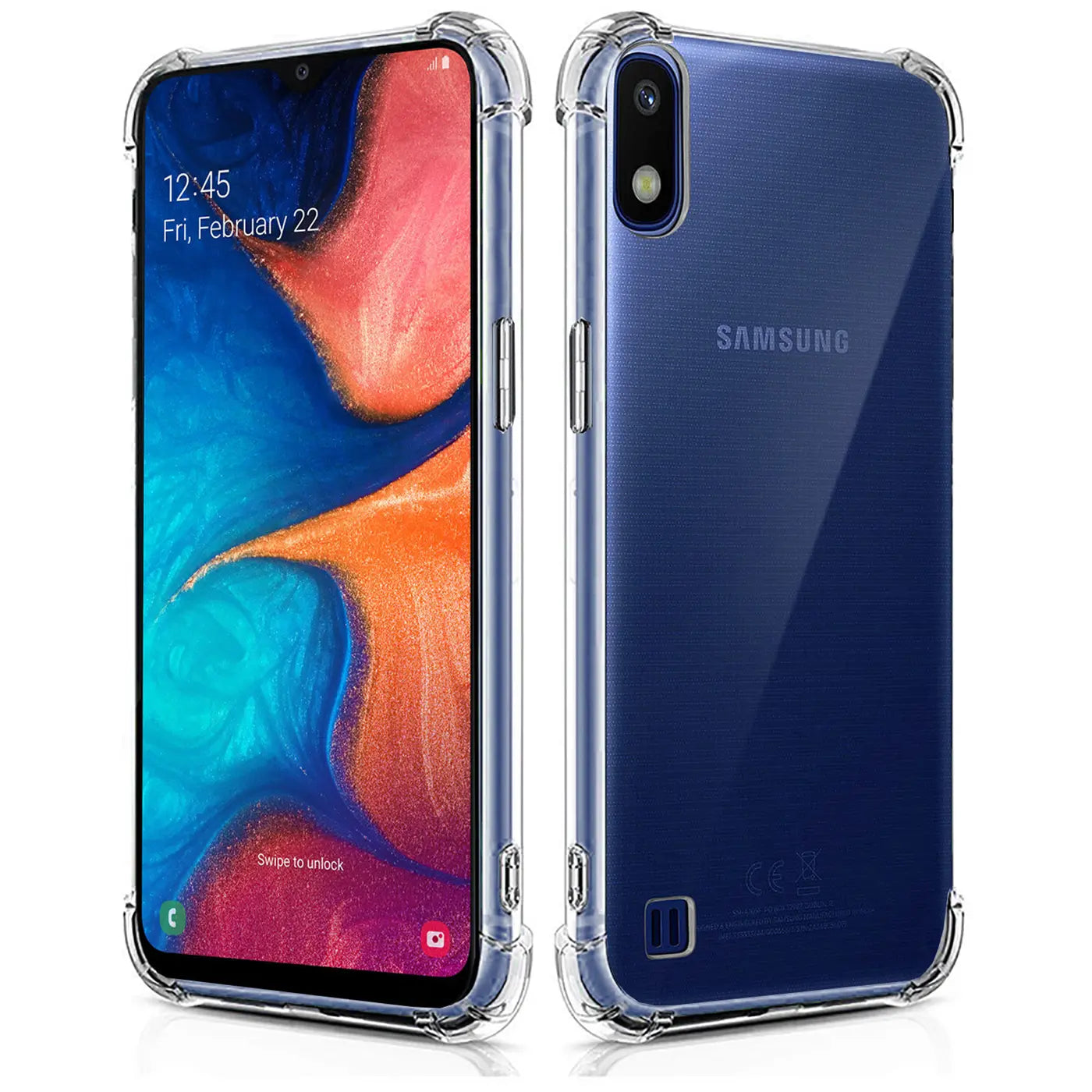 Samsung Galaxy A10 in klarer, stoßfester Hülle, Vorder- und Rückansicht, aus transparentem Kunststoff.