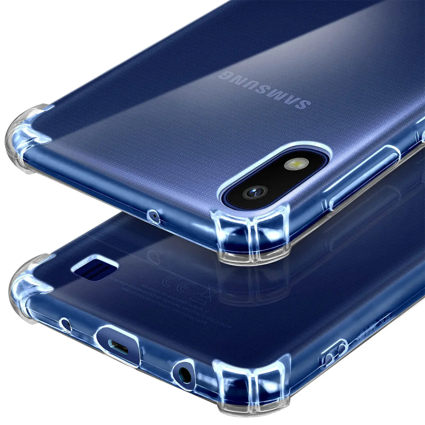 Transparente Hülle mit verstärkten Ecken für Samsung Galaxy A10, Rückansicht, von schräg oben.