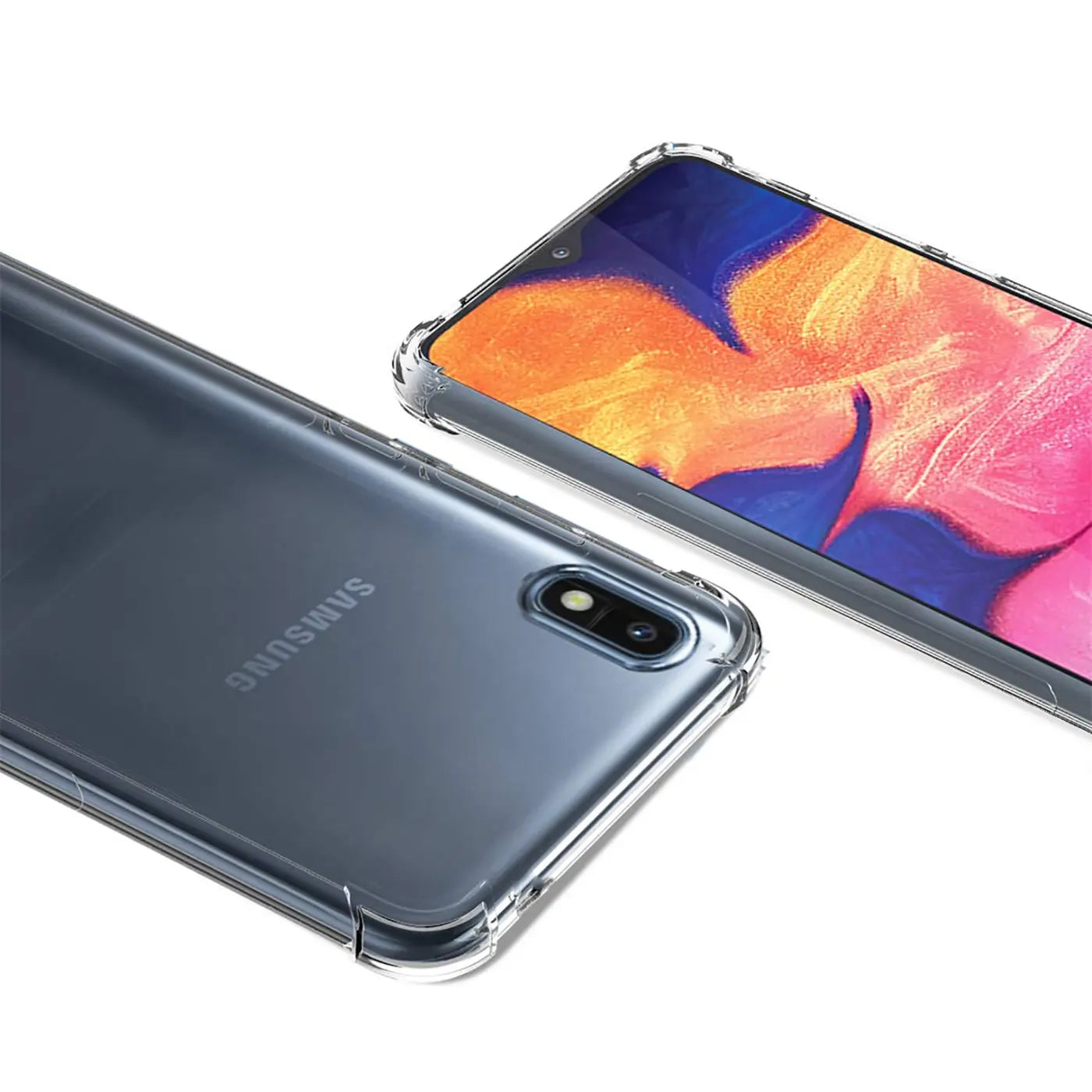 Samsung Galaxy A10 in klarer Hülle, von schräg oben, Rückseite und Vorderseite sichtbar.