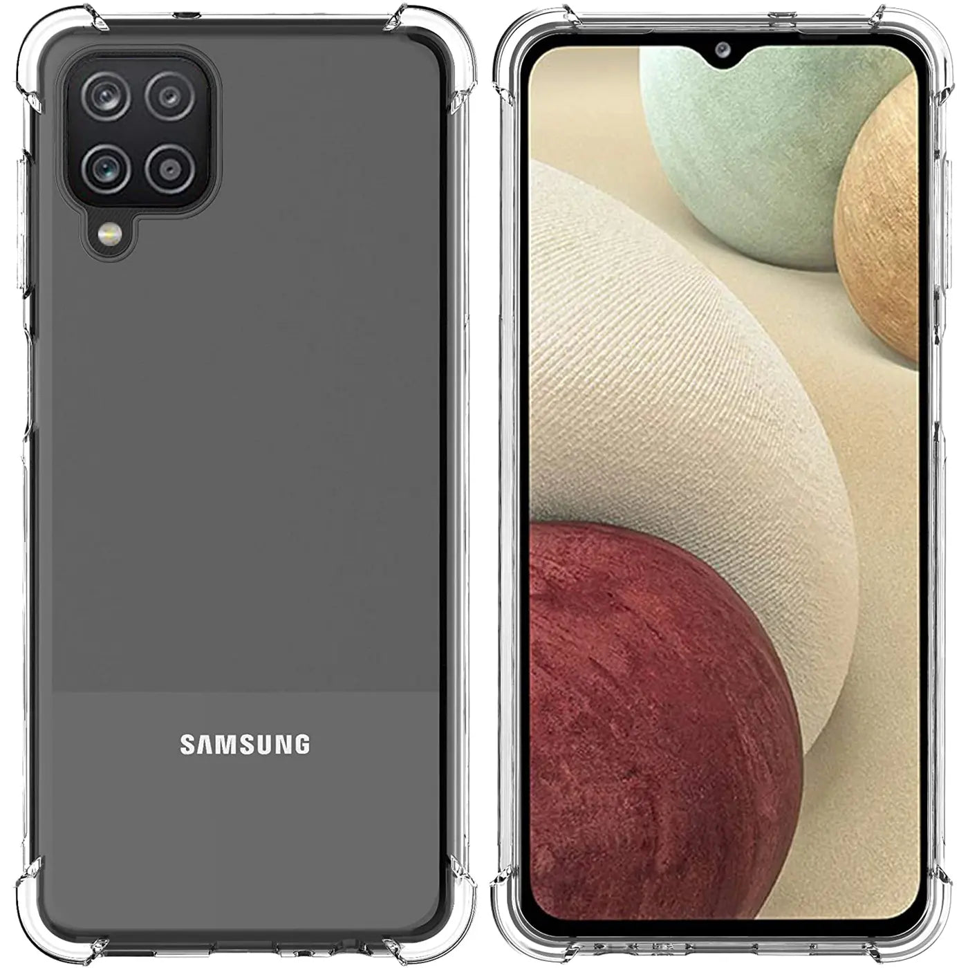 Samsung Galaxy A12/M12 in klarer Hülle, Vorder- und Rückansicht, transparentes TPU.