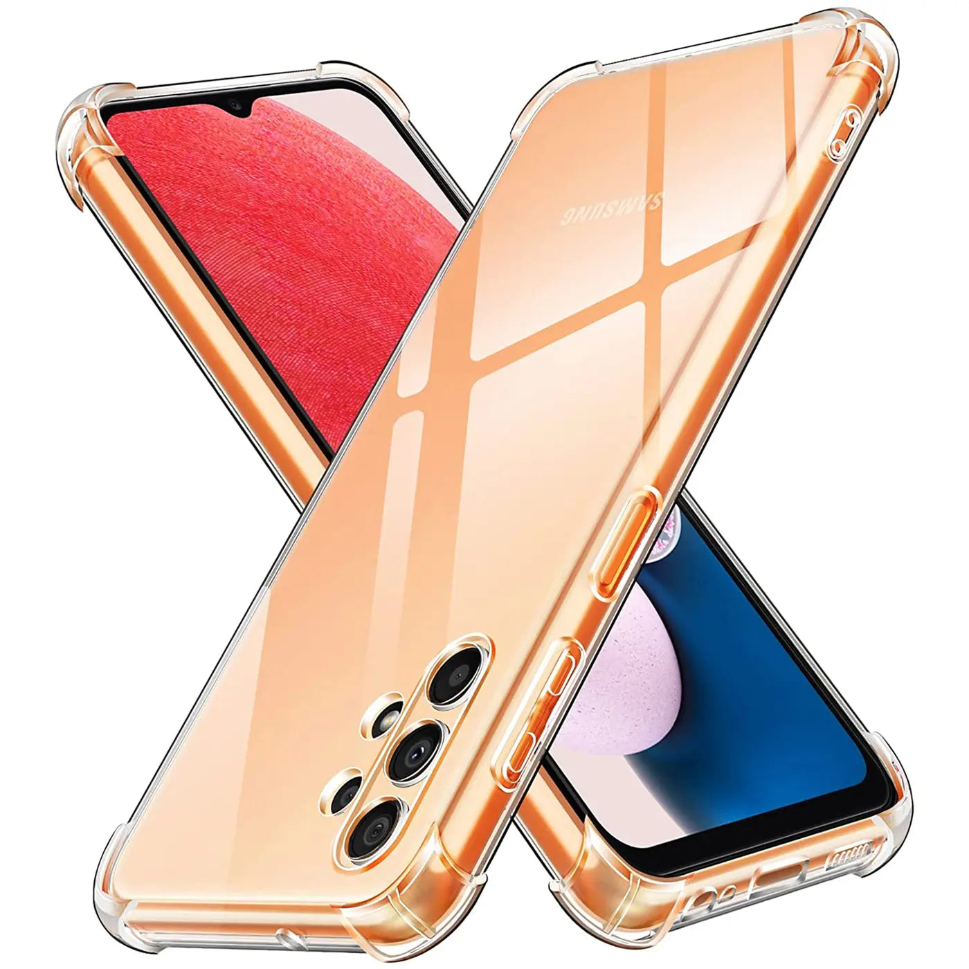 Transparente Hülle aus Kunststoff mit leichtem Farbverlauf, zeigt Samsung Galaxy A13 4G.