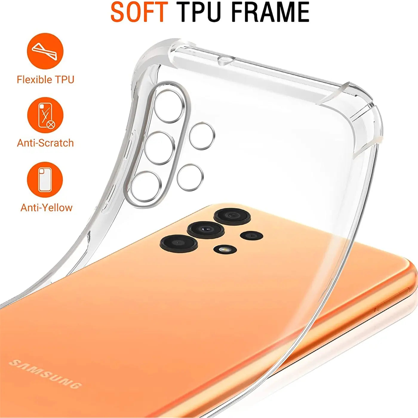 Transparente TPU-Hülle auf einem orangefarbenen Samsung Galaxy A13 4G, von schräg oben