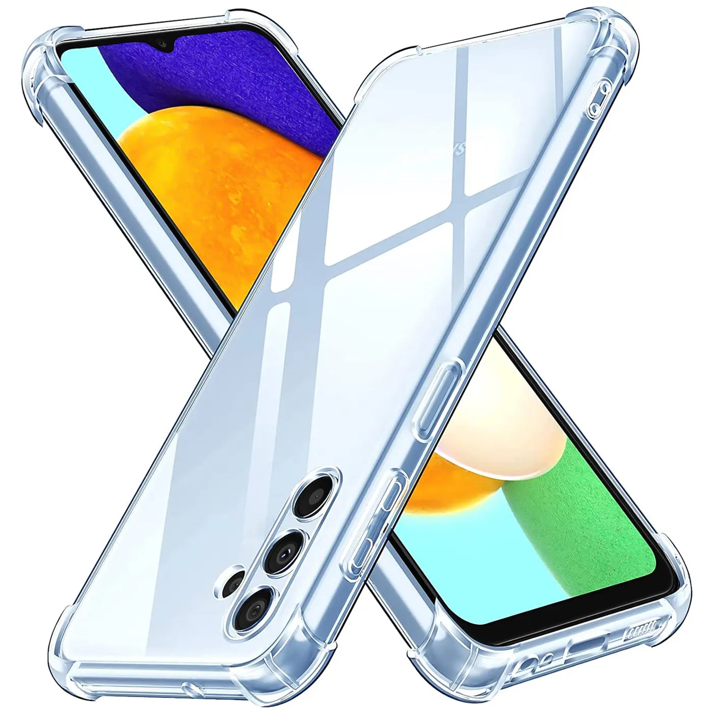 Zwei transparente Hüllen aus Kunststoff, diagonal übereinander gelegt, zeigen ein Samsung Galaxy A13 5G/A04s.